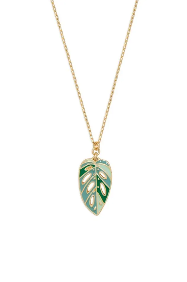 Women Lucky Brand Jewelry Enamel Monstera Pendant Necklace Gold
