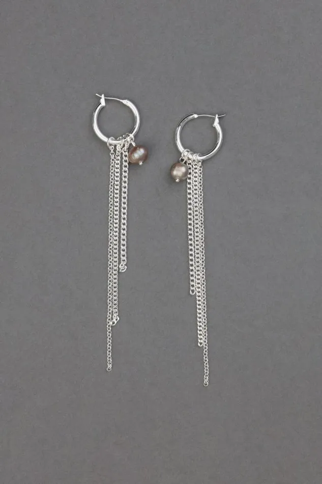 Women Lucky Brand Jewelry Pearl Fringe Hoop Earring Silver