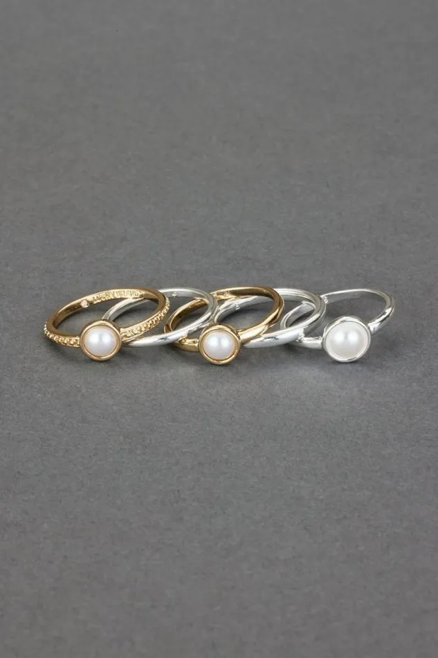 Women Lucky Brand Jewelry Two Tone Pearl Ring Stack Two Tone