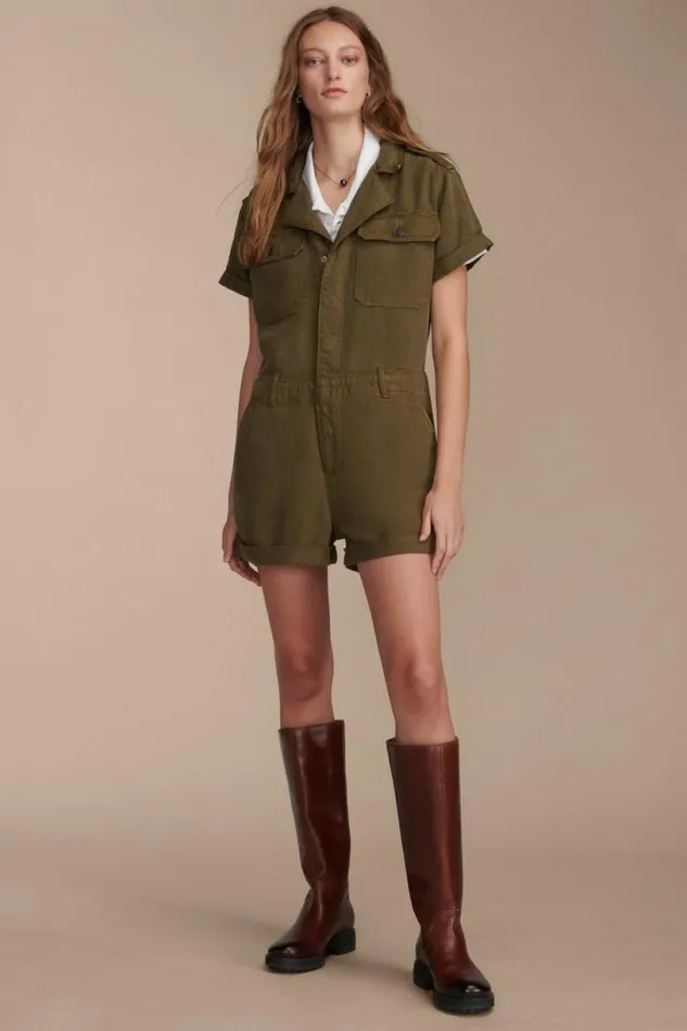 Women Lucky Brand Jumpsuits and Overalls Denim Utility Romper Dark Olive