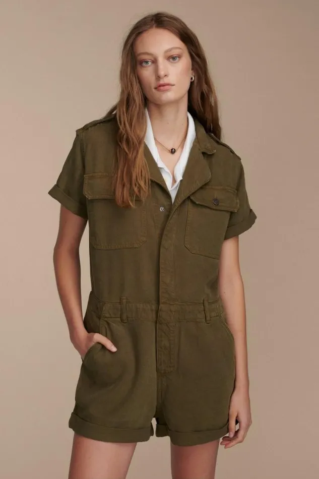 Women Lucky Brand Jumpsuits and Overalls Denim Utility Romper Dark Olive