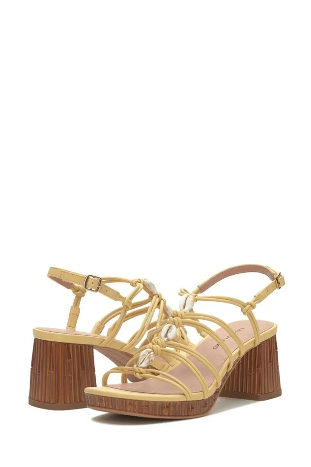 Women Lucky Brand Shoes Bassie Strappy Shell Block Heel Light Yellow