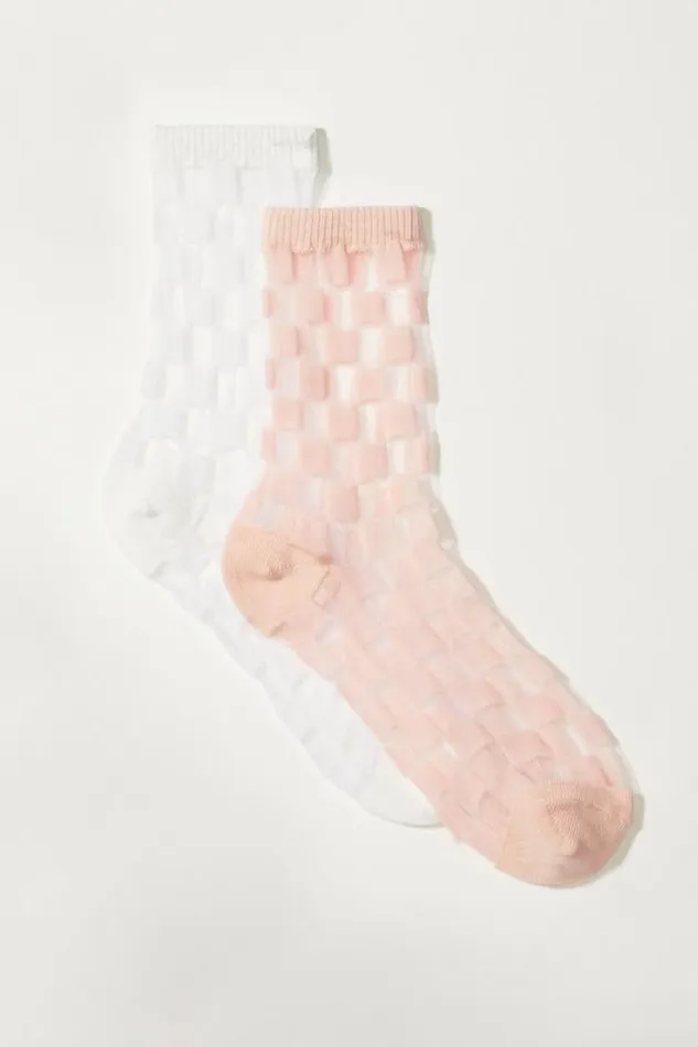 Women Lucky Brand Socks Sheer Checkered Crew Sock Light Pink
