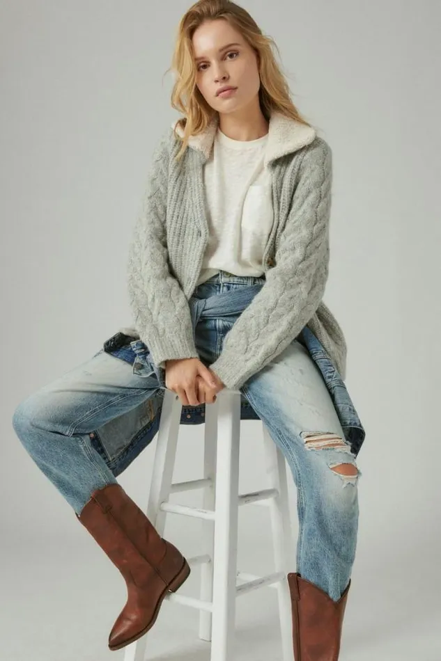 Women Lucky Brand Sweaters and Sweatshirts Cable Collared Cardigan Light Heather Grey