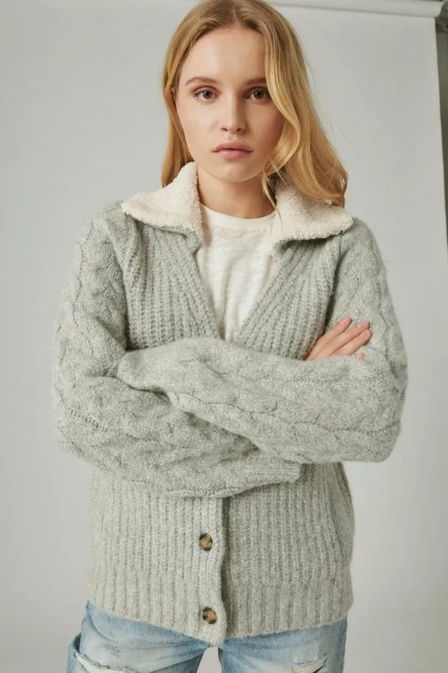 Women Lucky Brand Sweaters and Sweatshirts Cable Collared Cardigan Light Heather Grey
