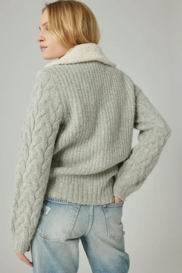 Women Lucky Brand Sweaters and Sweatshirts Cable Collared Cardigan Light Heather Grey