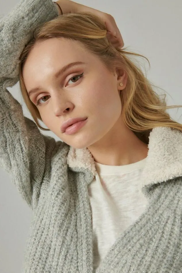 Women Lucky Brand Sweaters and Sweatshirts Cable Collared Cardigan Light Heather Grey
