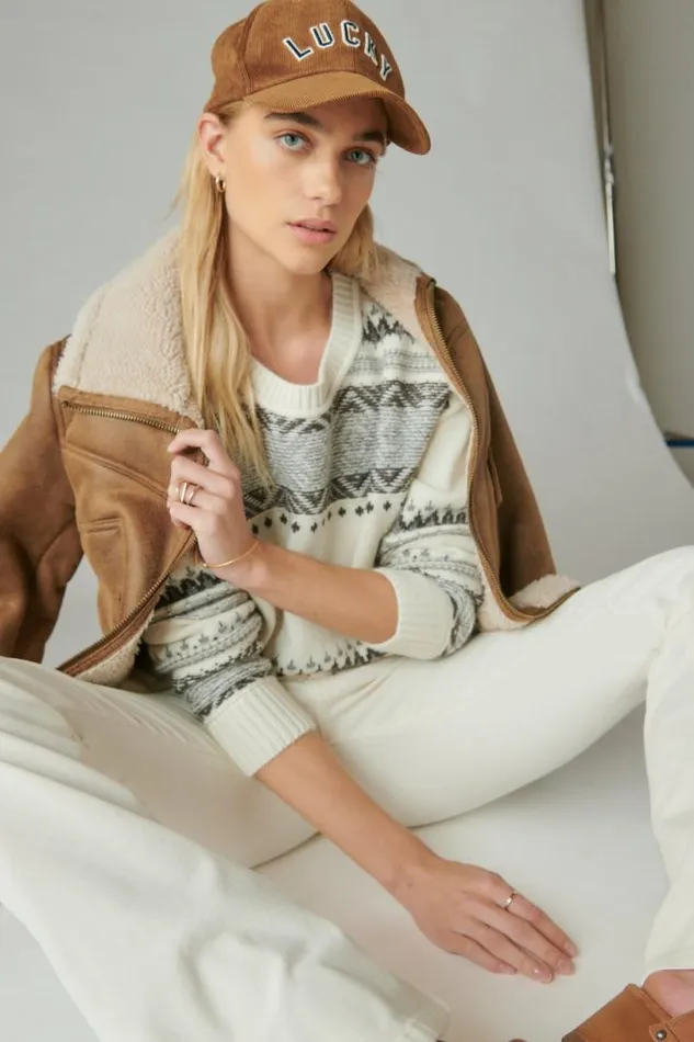 Women Lucky Brand Sweaters and Sweatshirts Fairisle Crew Sweater Whisper White Multi