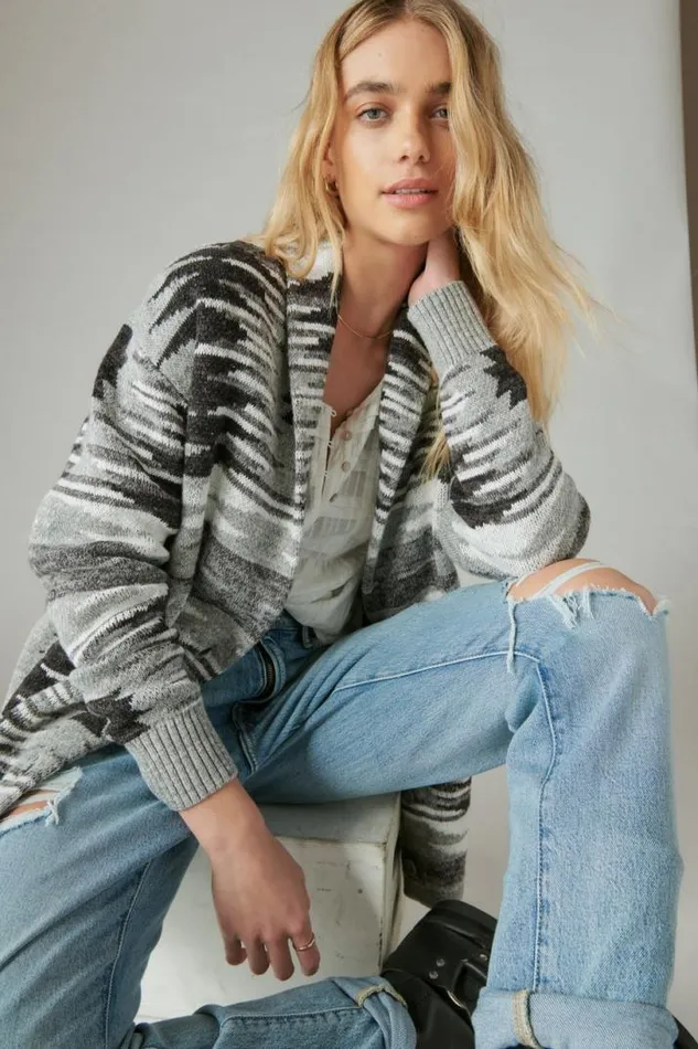 Women Lucky Brand Sweaters and Sweatshirts Southwestern Sweater Cardigan Med Heath Grey Combo