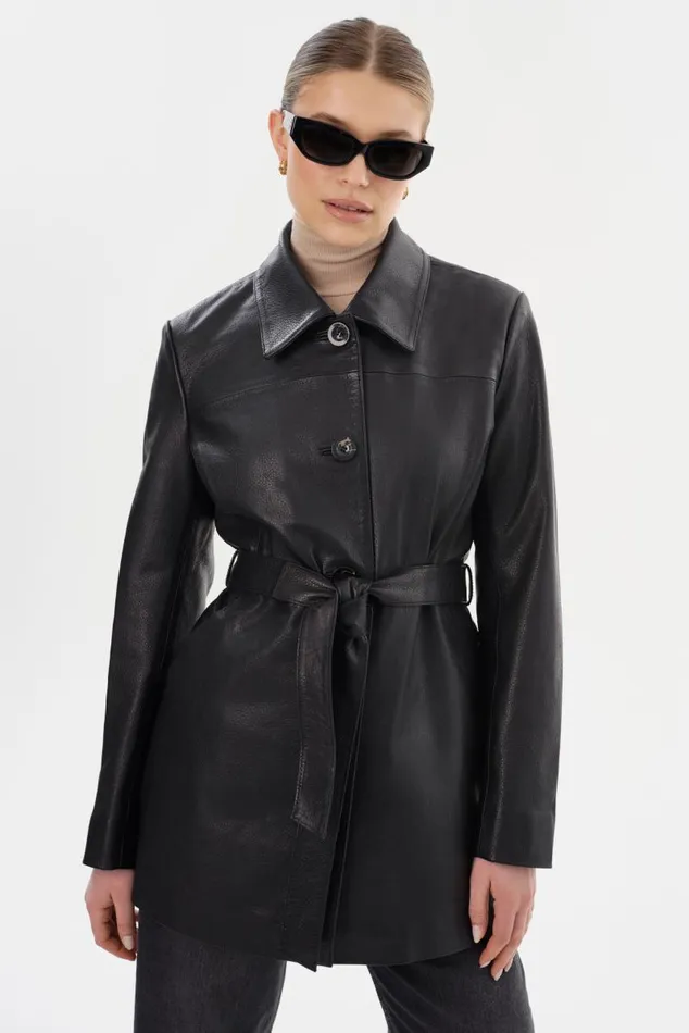 Women MARLOWE Leather Trench Coat Black LAMARQUE Leather Jackets