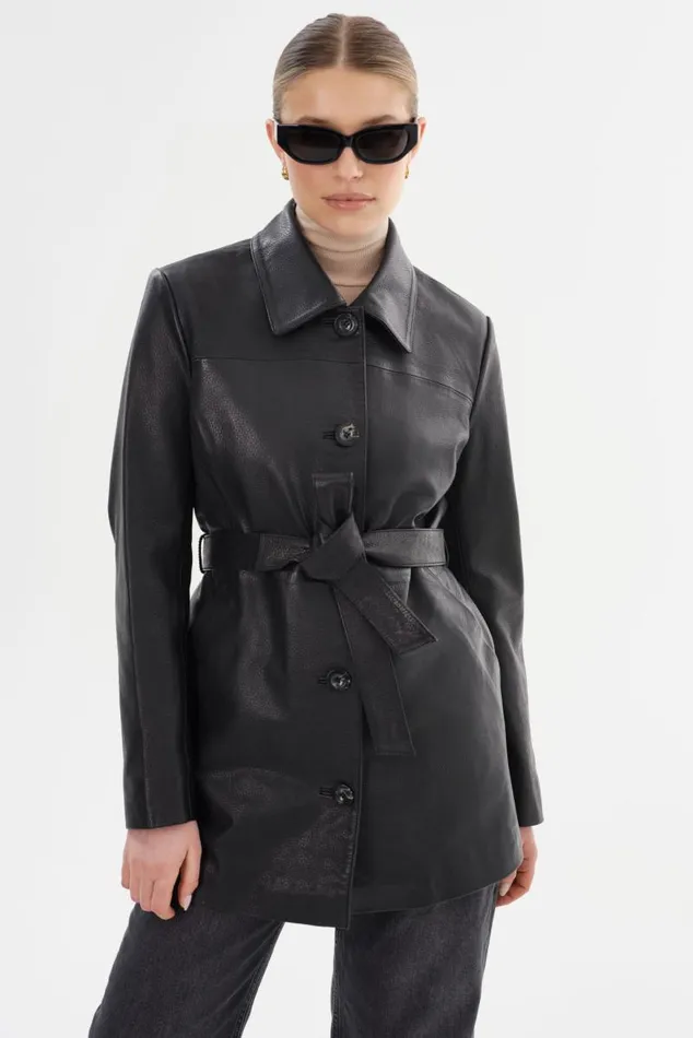 Women MARLOWE Leather Trench Coat Black LAMARQUE Leather Jackets