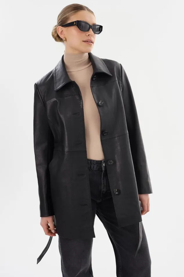 Women MARLOWE Leather Trench Coat Black LAMARQUE Leather Jackets