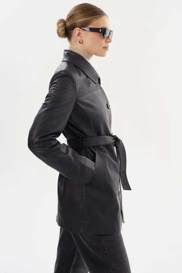 Women MARLOWE Leather Trench Coat Black LAMARQUE Leather Jackets