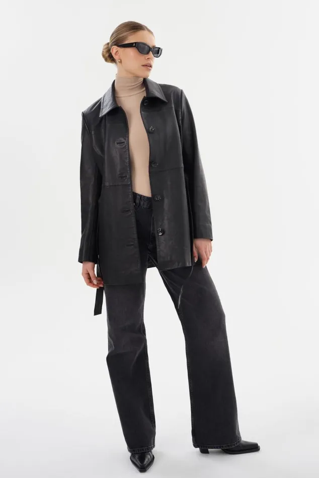 Women MARLOWE Leather Trench Coat Black LAMARQUE Leather Jackets