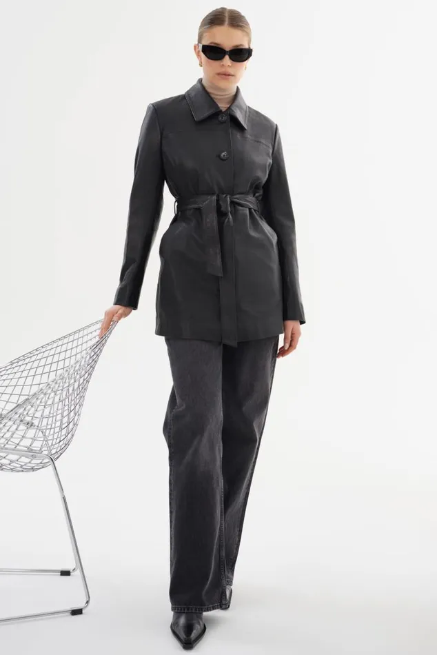 Women MARLOWE Leather Trench Coat Black LAMARQUE Leather Jackets