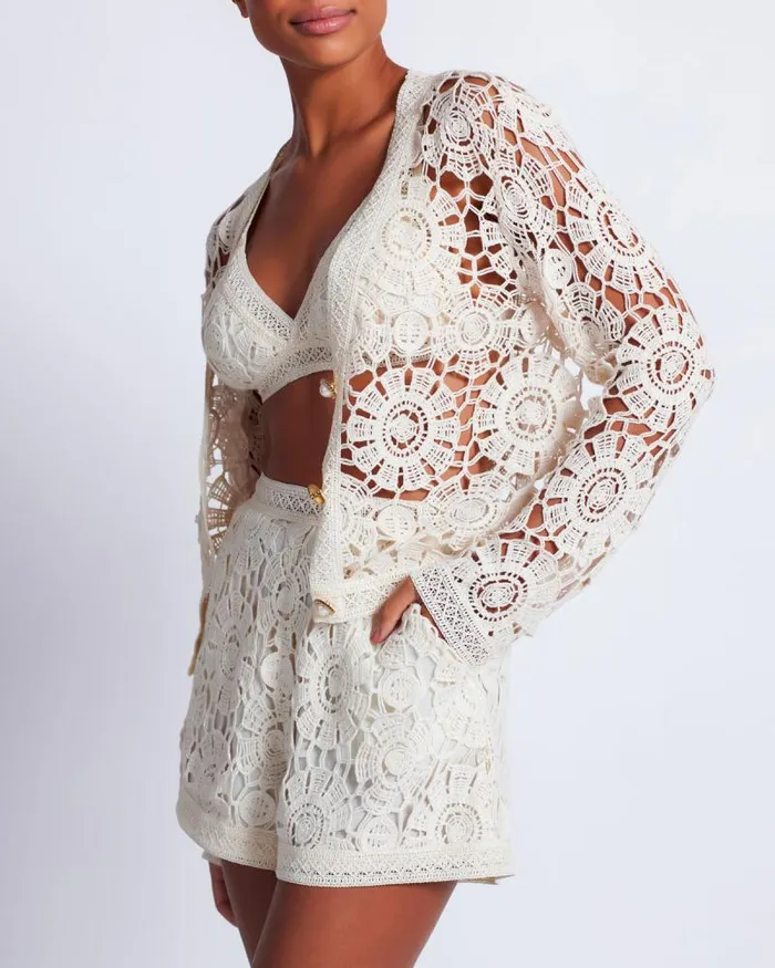 Women Matching Sets PatBO Crochet High Waist Shorts Wheat
