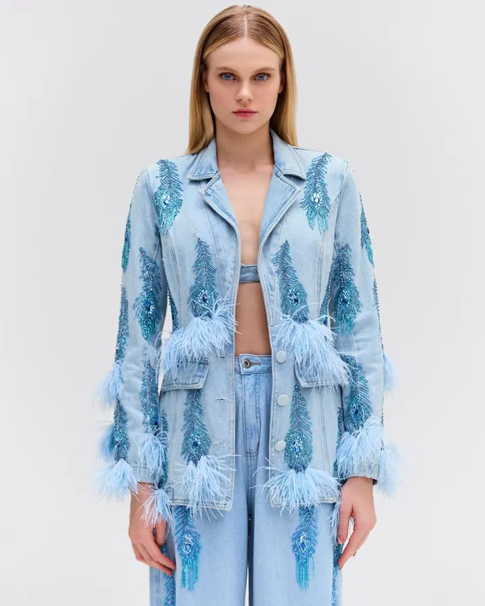 Women Matching Sets PatBO HandBeaded Denim Blazer FINAL SALE Denim