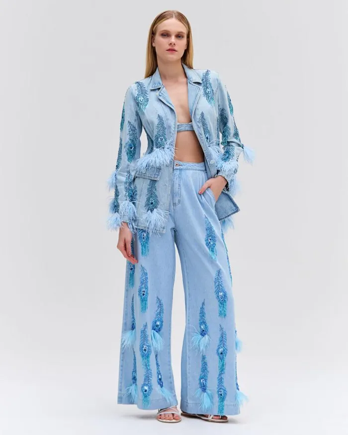 Women Matching Sets PatBO HandBeaded Denim Blazer FINAL SALE Denim