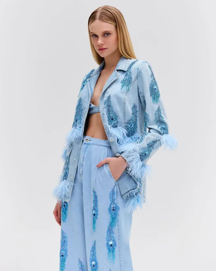 Women Matching Sets PatBO HandBeaded Denim Blazer FINAL SALE Denim