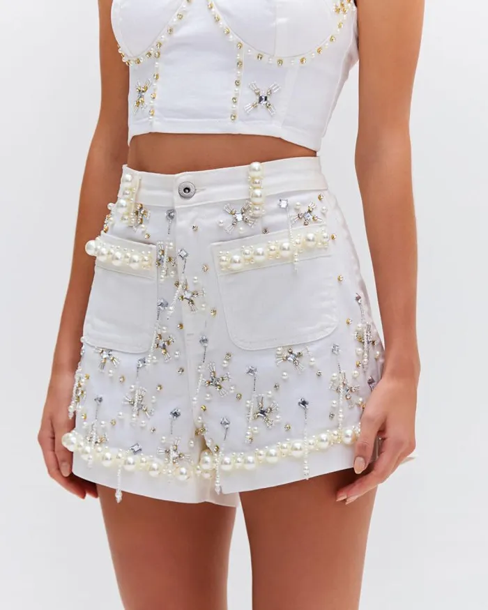 Women Matching Sets PatBO HandBeaded Denim Shorts White