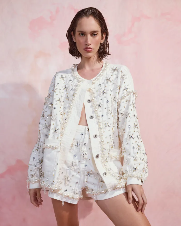Women Matching Sets PatBO HandBeaded Denim Shorts White