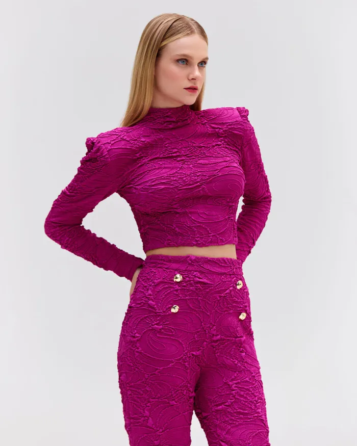 Women Matching Sets PatBO Jacquard Mock Neck Cropped Top Raspberry