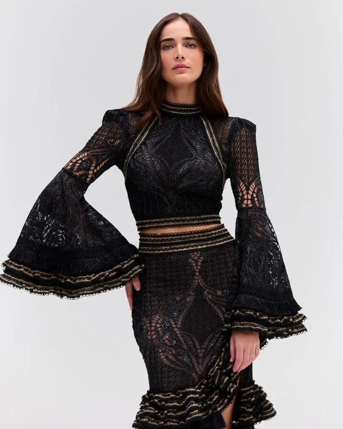Women Matching Sets PatBO LACE AND FRINGE BELL SLEEVE TOP Black