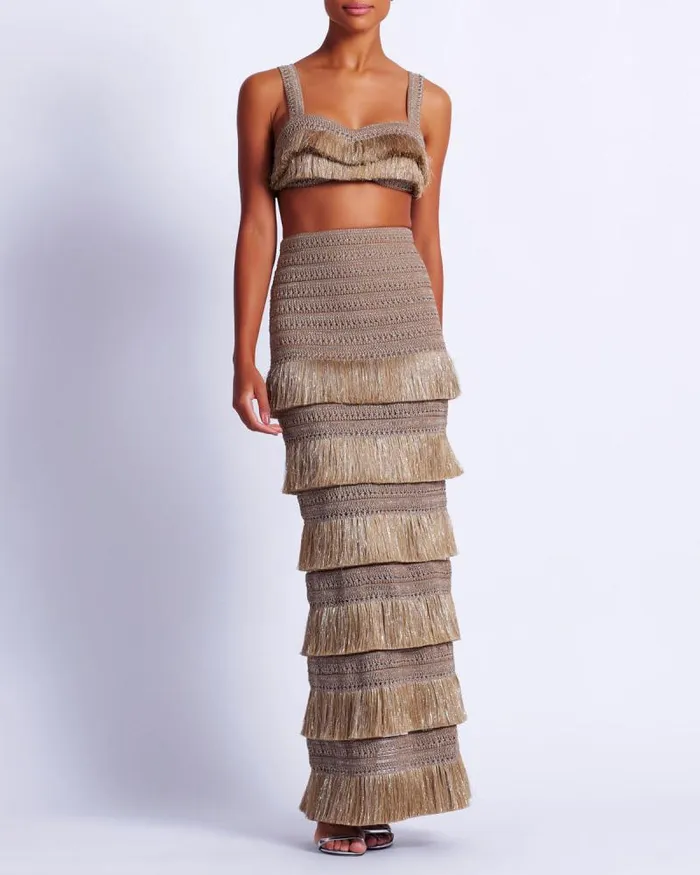 Women Matching Sets PatBO Metallic Fringe Maxi Skirt Gold