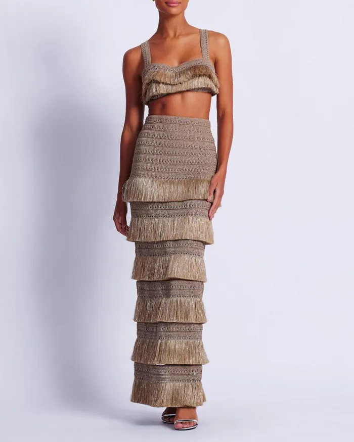Women Matching Sets PatBO Metallic Fringe Maxi Skirt Gold