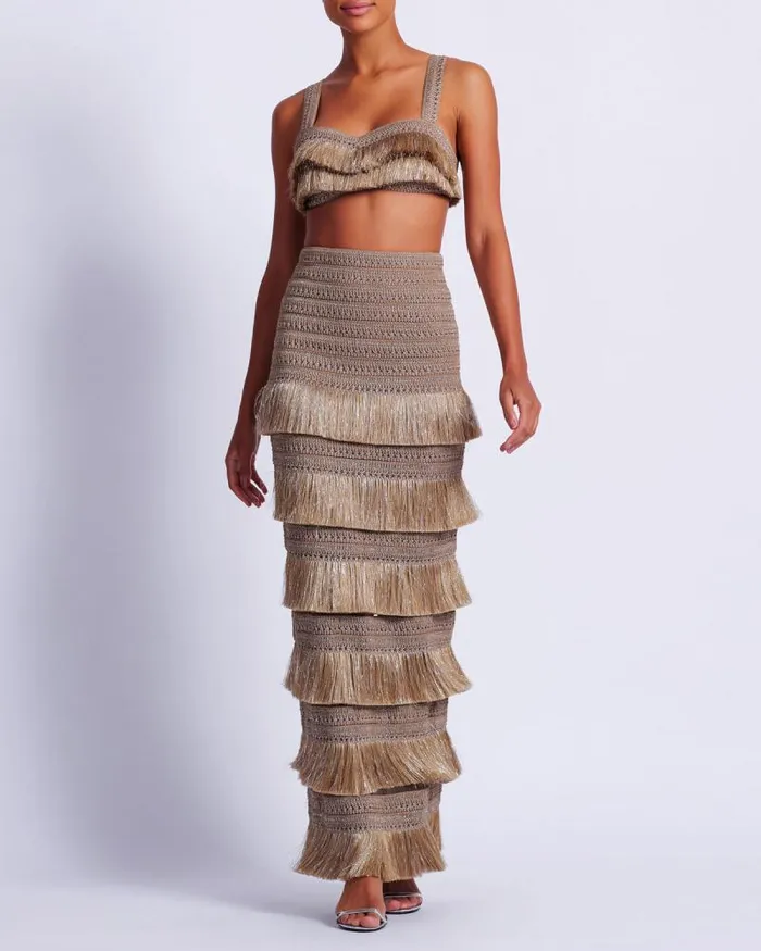 Women Matching Sets PatBO Metallic Fringe Maxi Skirt Gold