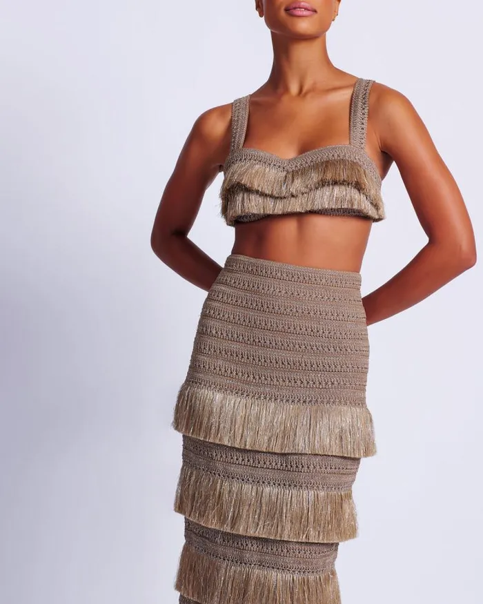 Women Matching Sets PatBO Metallic Fringe Maxi Skirt Gold