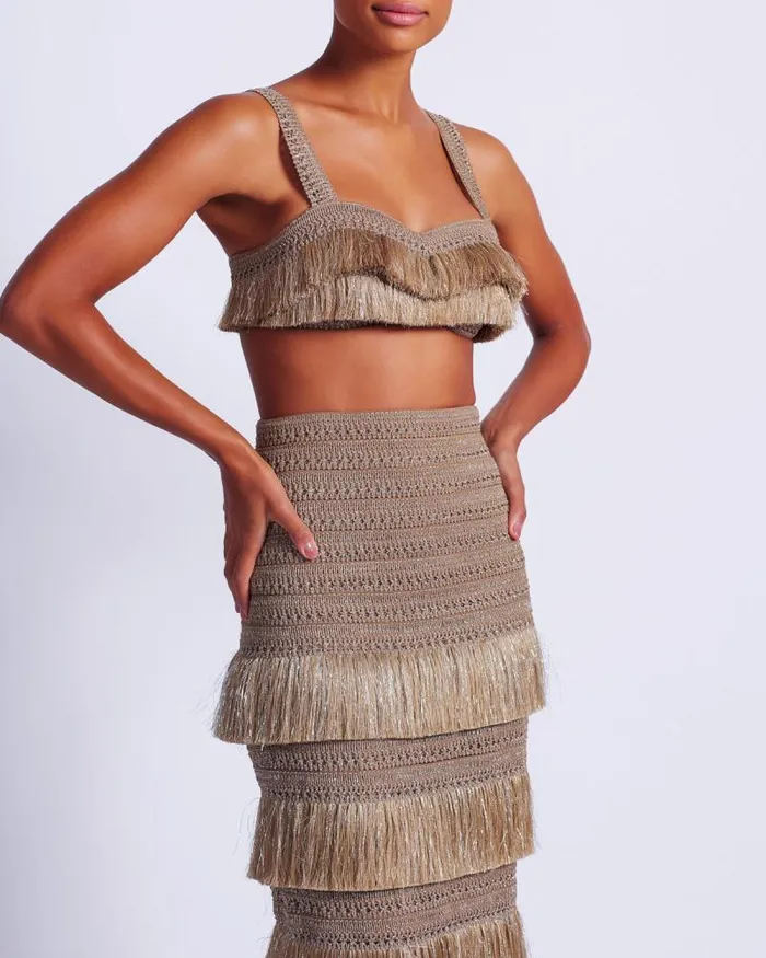 Women Matching Sets PatBO Metallic Fringe Maxi Skirt Gold