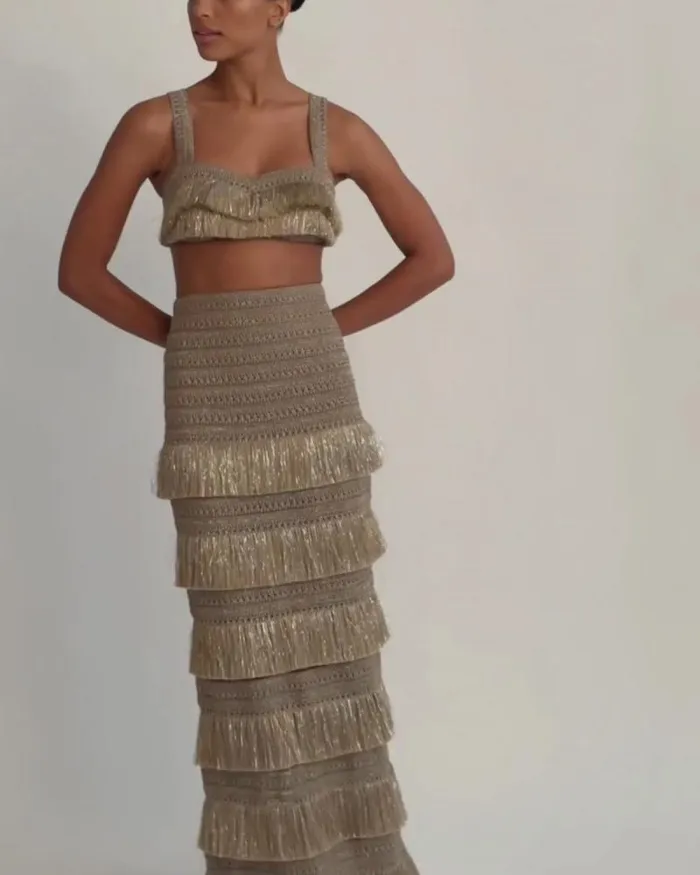 Women Matching Sets PatBO Metallic Fringe Maxi Skirt Gold