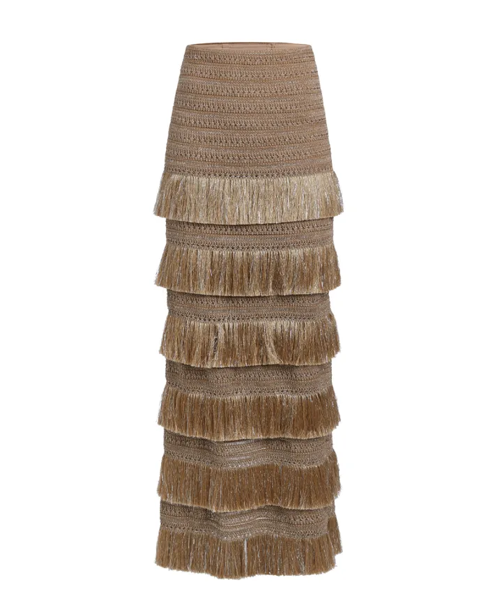 Women Matching Sets PatBO Metallic Fringe Maxi Skirt Gold