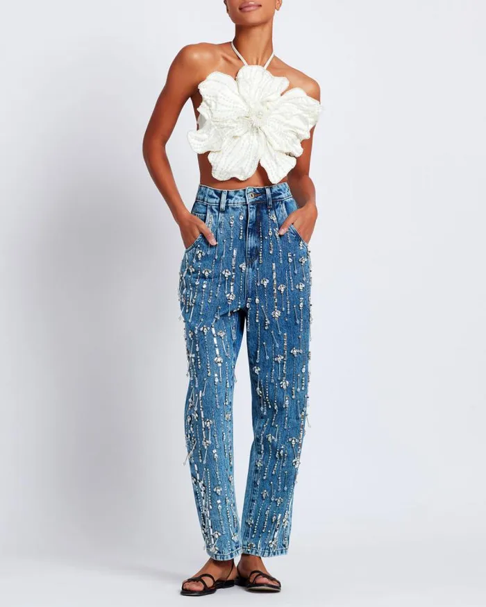 Women Matching Sets PatBO Rhinestone Beaded Jeans Denim