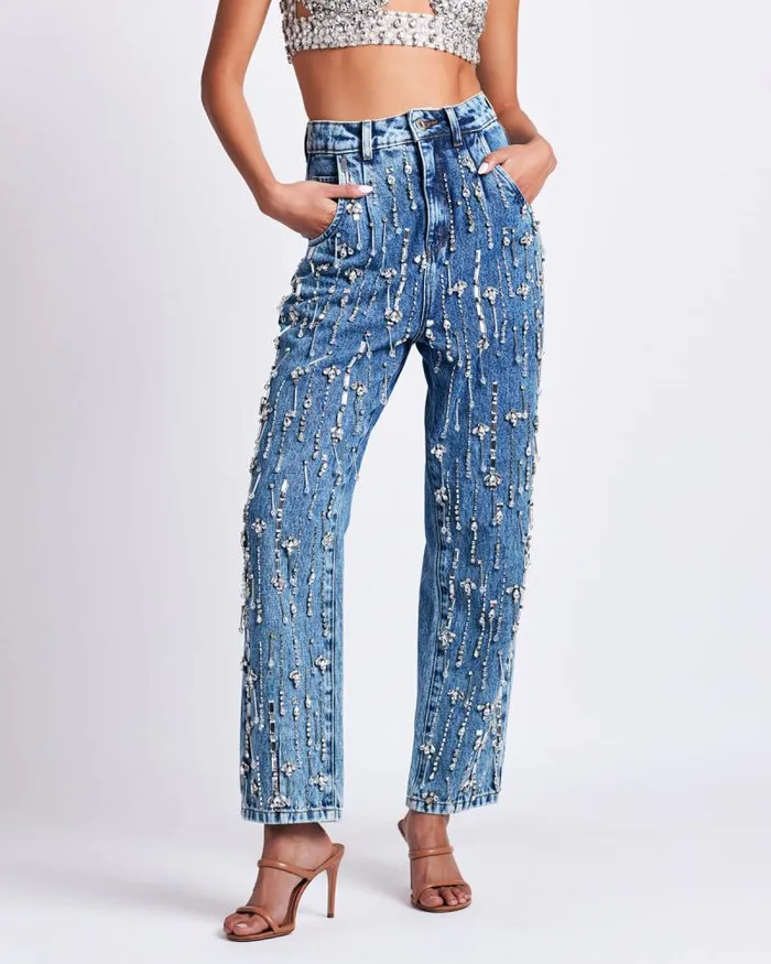 Women Matching Sets PatBO Rhinestone Beaded Jeans Denim