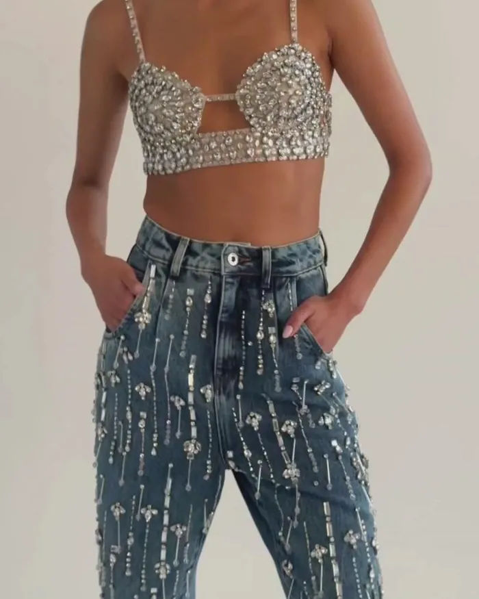 Women Matching Sets PatBO Rhinestone Beaded Jeans Denim