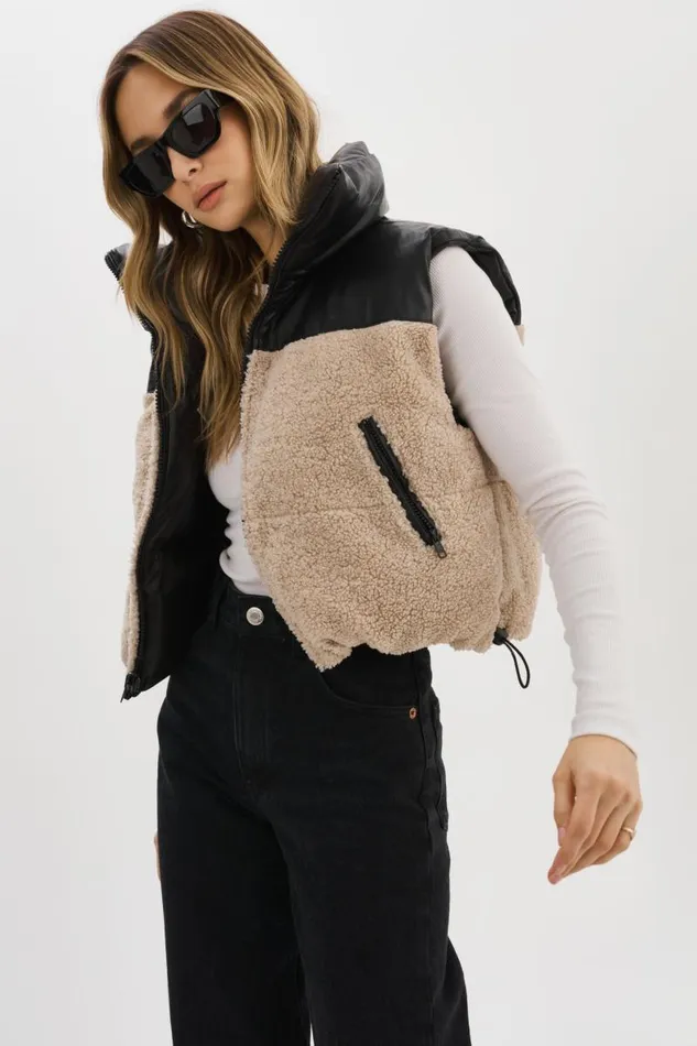 Women MELICIA Reversible Puffer Vest Blackecru LAMARQUE Sherpa
