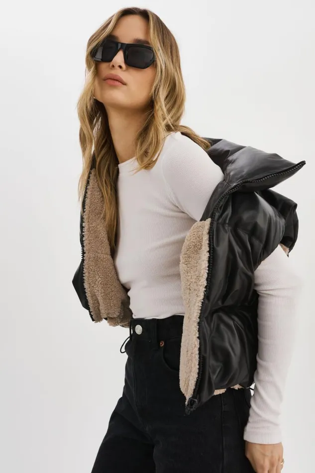 Women MELICIA Reversible Puffer Vest Blackecru LAMARQUE Sherpa Women MELICIA Reversible Puffer Vest Blackecru LAMARQUE Sherpa
