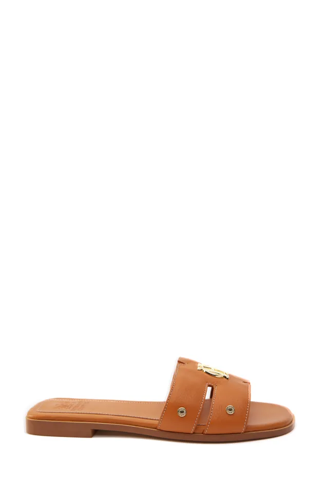 Women Monogram Slides Tan Leather Holland Cooper Sandals and Slides