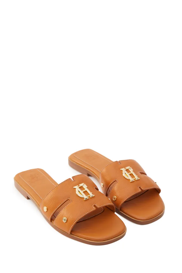 Women Monogram Slides Tan Leather Holland Cooper Sandals and Slides Women Monogram Slides Tan Leather Holland Cooper Sandals and Slides