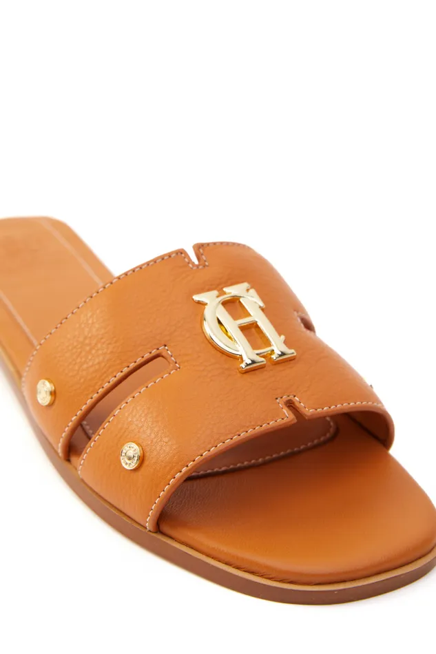 Women Monogram Slides Tan Leather Holland Cooper Sandals and Slides Women Monogram Slides Tan Leather Holland Cooper Sandals and Slides