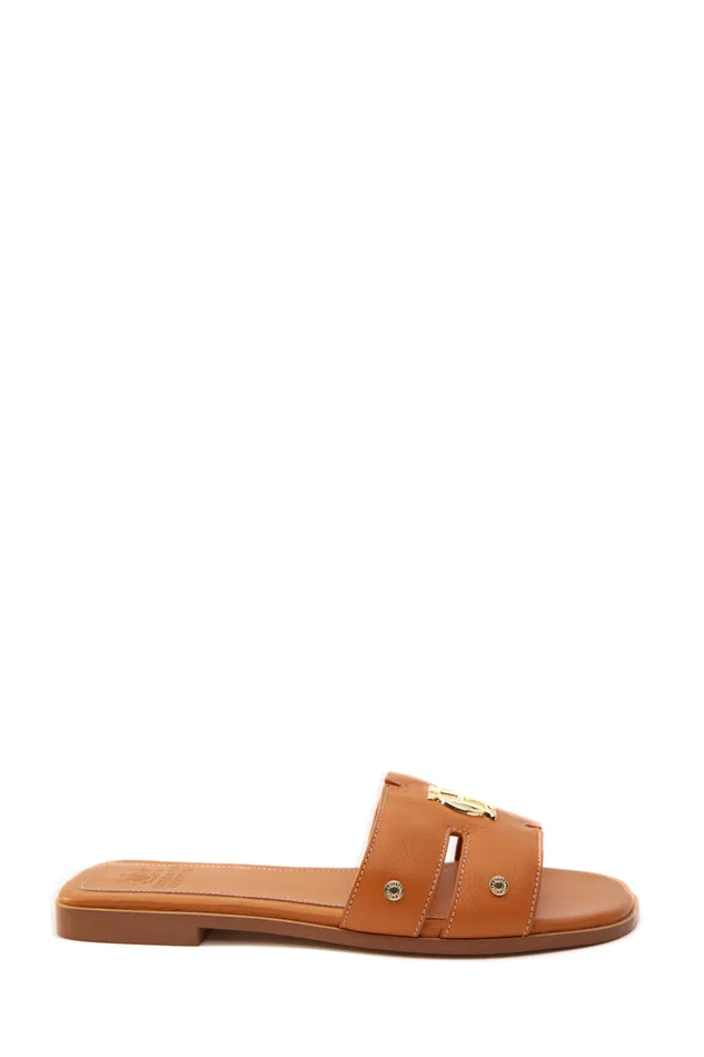Women Monogram Slides Tan Leather Holland Cooper Sandals and Slides Women Monogram Slides Tan Leather Holland Cooper Sandals and Slides