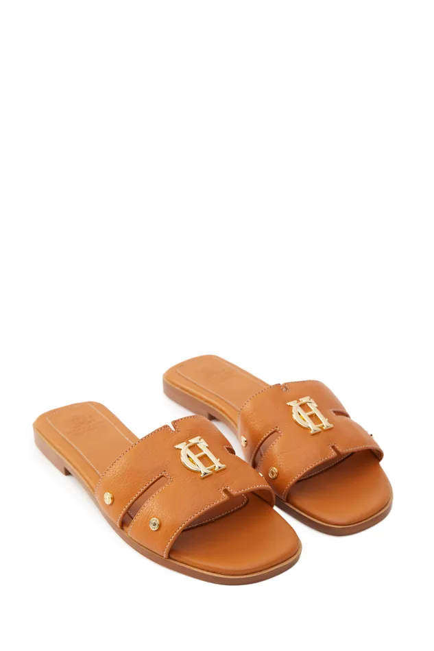 Women Monogram Slides Tan Leather Holland Cooper Sandals and Slides Women Monogram Slides Tan Leather Holland Cooper Sandals and Slides
