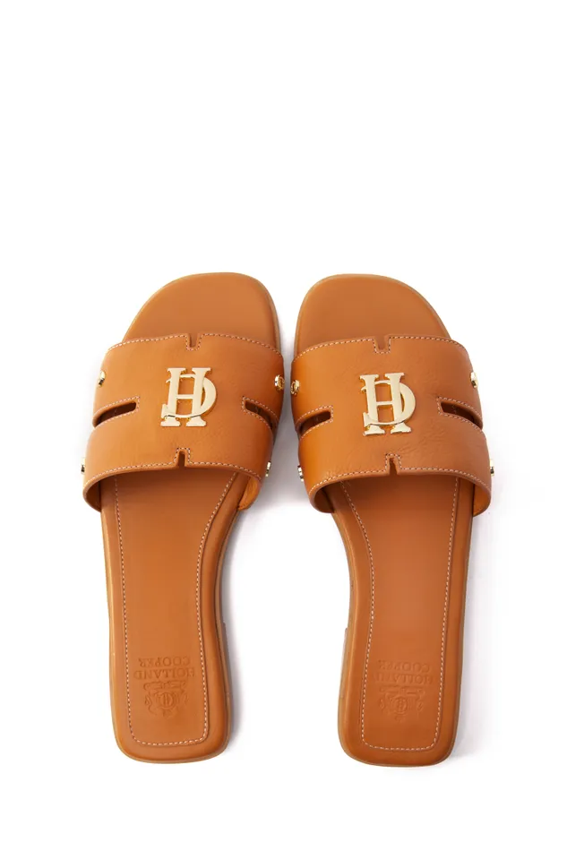 Women Monogram Slides Tan Leather Holland Cooper Sandals and Slides Women Monogram Slides Tan Leather Holland Cooper Sandals and Slides