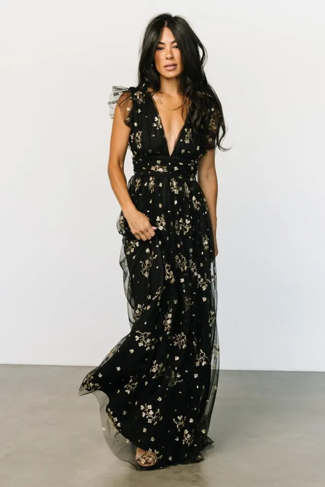 Women Natalia Floral Embellished Maxi Dress Black Gold Baltic Born Embellished and Sequined