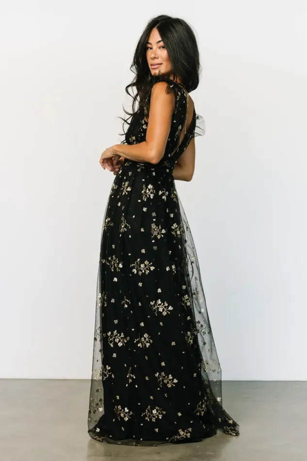 Women Natalia Floral Embellished Maxi Dress Black Gold Baltic Born Embellished and Sequined