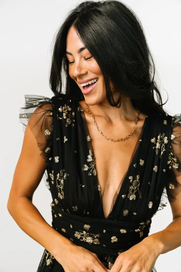 Women Natalia Floral Embellished Maxi Dress Black Gold Baltic Born Embellished and Sequined