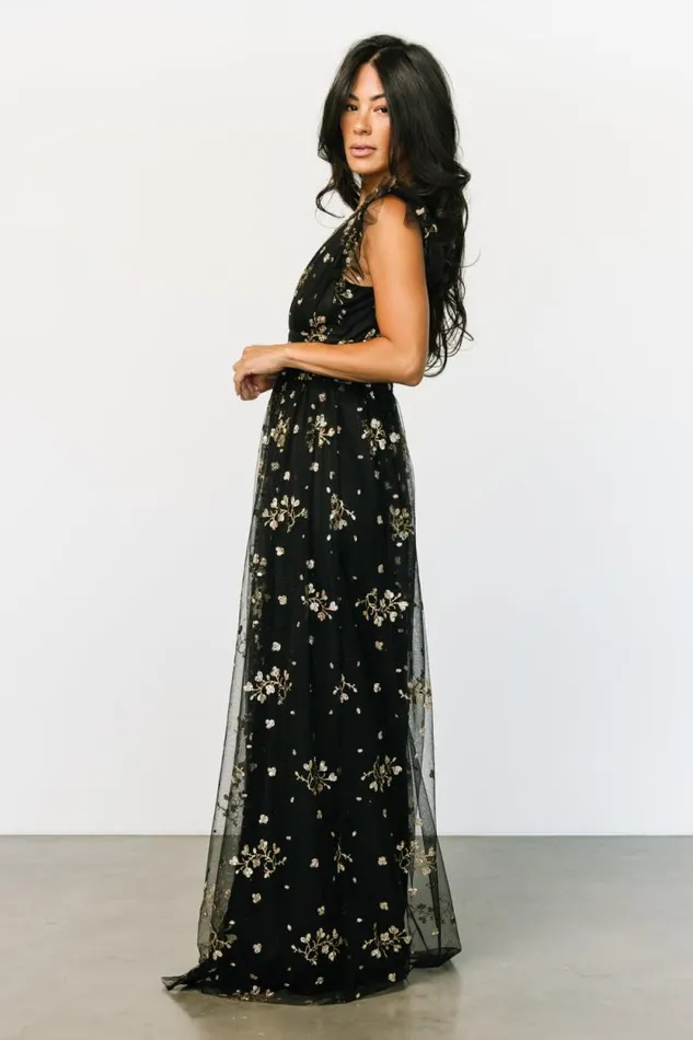 Women Natalia Floral Embellished Maxi Dress Black Gold Baltic Born Embellished and Sequined