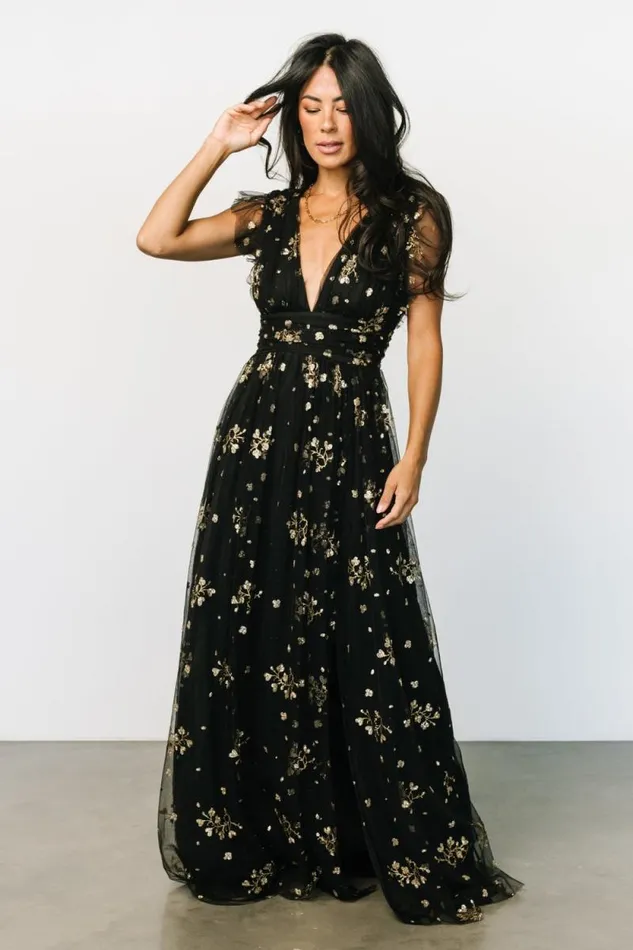 Women Natalia Floral Embellished Maxi Dress Black Gold Baltic Born Embellished and Sequined